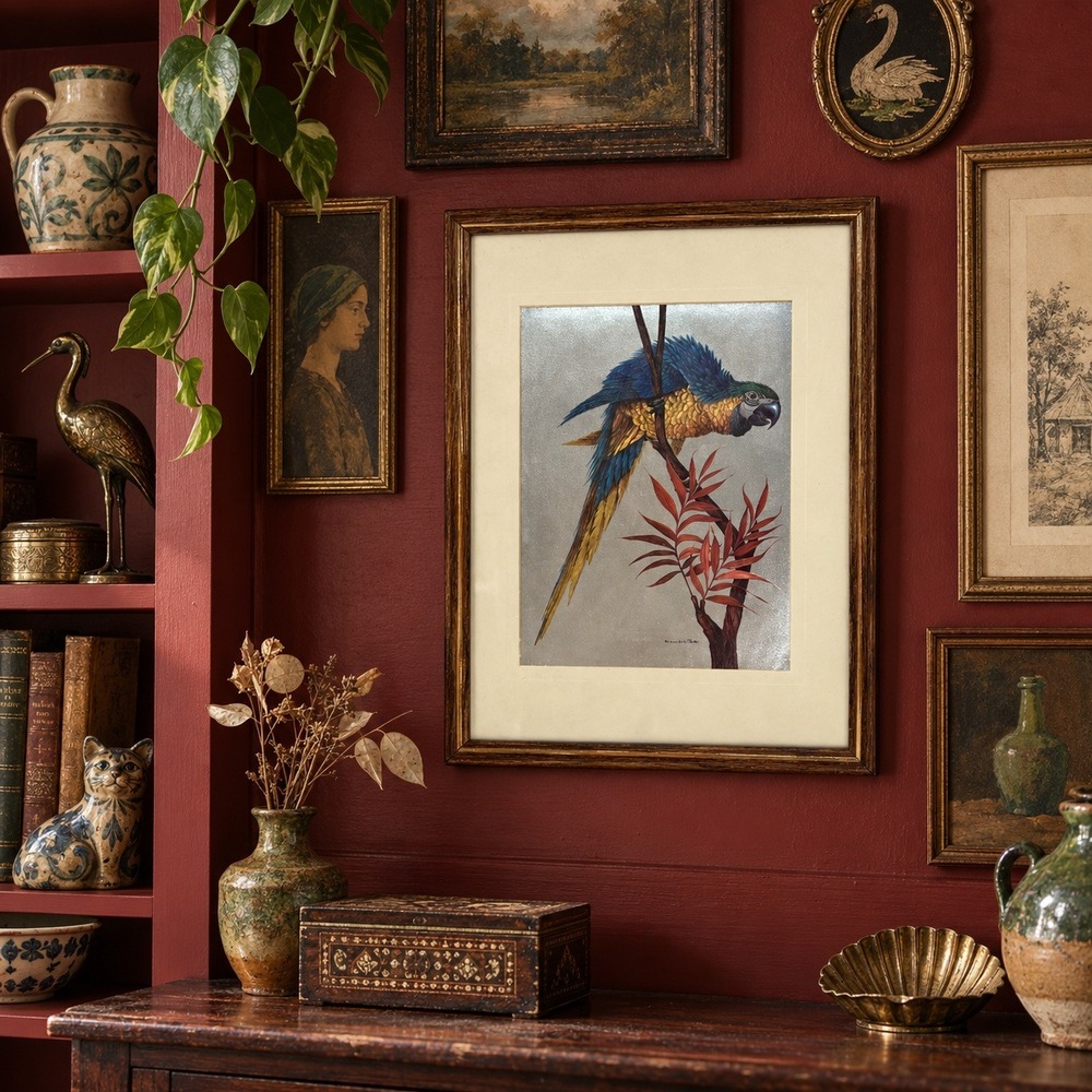 Vintage Macaw Foil Print, Framed Tropical Bird Wall Art, 9x12